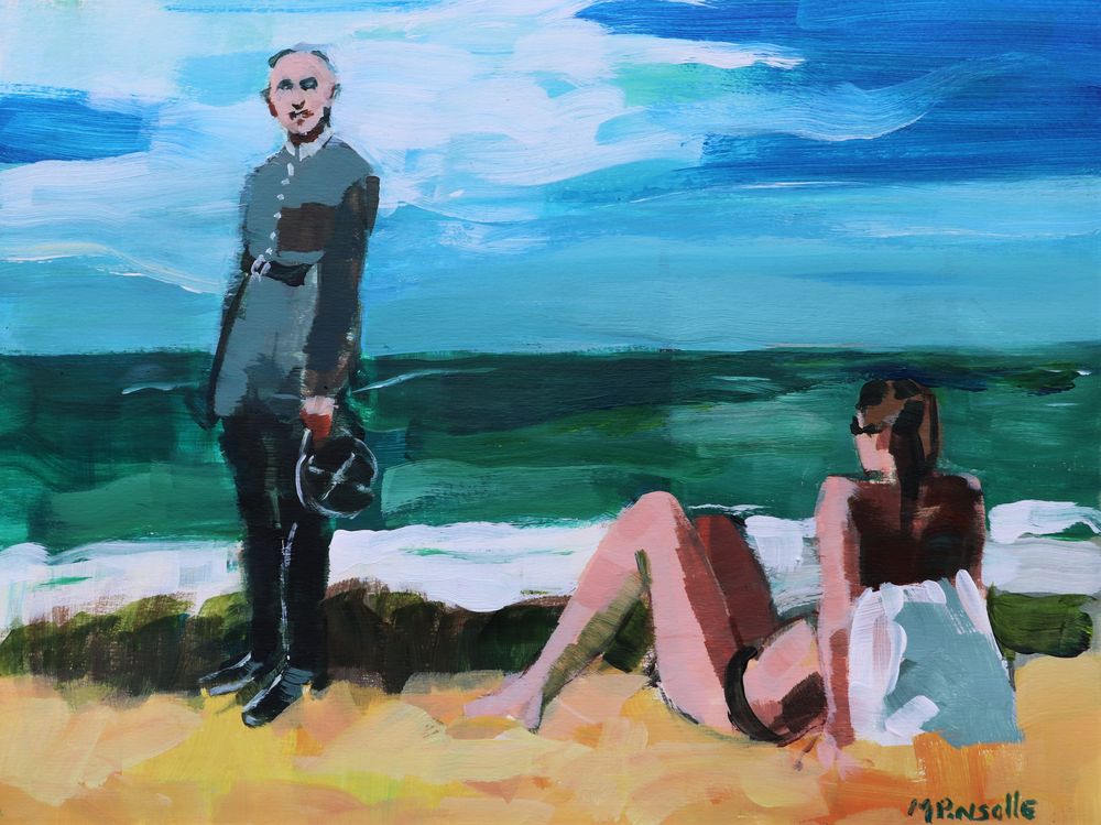 Peinture acrylique, soldat et plage, Martine Pinsolle artiste en Aquitaine